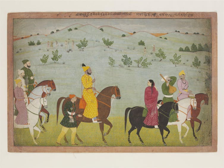 Painting showing men and women riding horses in a rural location