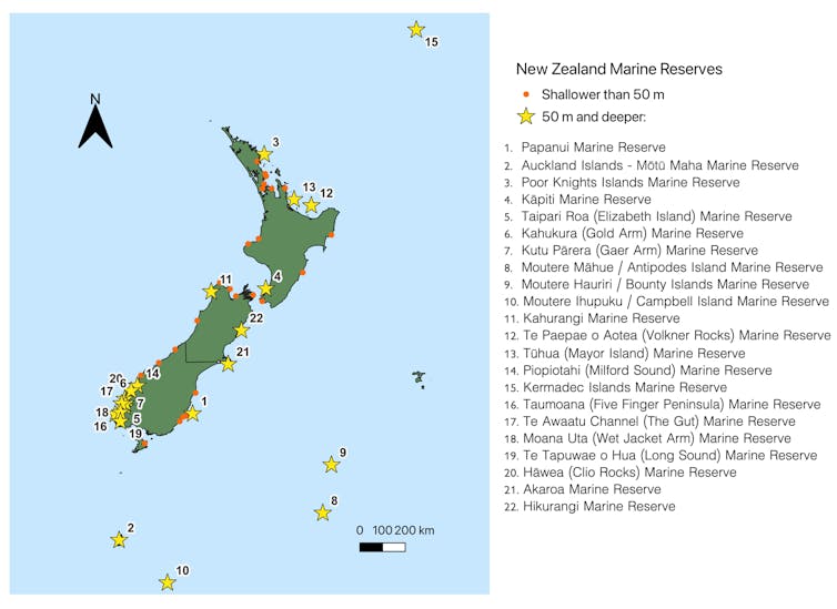 A map that shows the locations of all marine reserves in New Zealand and its territorial waters.