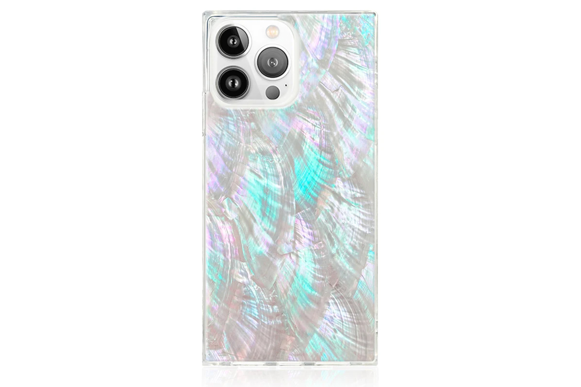 A clear phone case with a mother-of-pearl design.