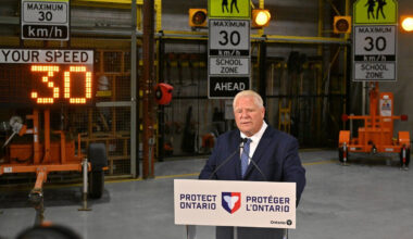 Doug Ford speaking at a press conference about road safety measures in Toronto.