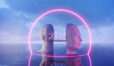 A concrete textured bridge shaped of human head and binary codes moving on the bridge inside the portal.