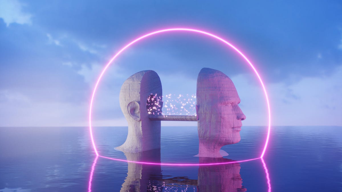 A concrete textured bridge shaped of human head and binary codes moving on the bridge inside the portal.