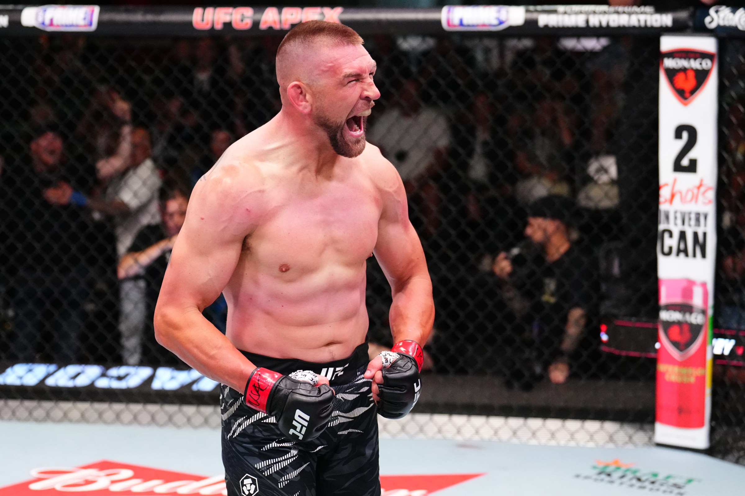 LAS VEGAS, NEVADA - MAY 31: Dustin Jacoby reacts after a knockout victory against Bruno Lopes of Brazil in a light heavyweight fight during the UFC Fight Night event at UFC APEX on May 31, 2025 in Las Vegas, Nevada. (Photo by Chris Unger/Zuffa LLC)