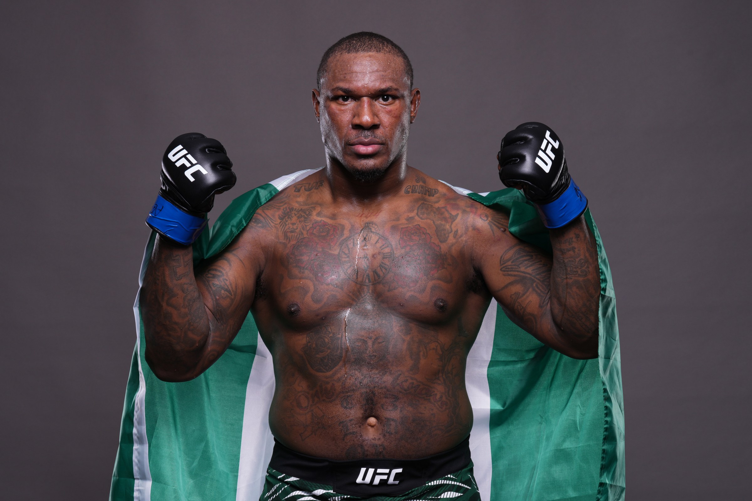 BAKU, AZERBAIJAN - JUNE 21: Mohammed Usman of Nigeria poses for a portrait backstage during the UFC Fight Night event at Baku Crystal Hall on June 21, 2025 in Baku, Azerbaijan. (Photo by Mike Roach/Zuffa LLC)