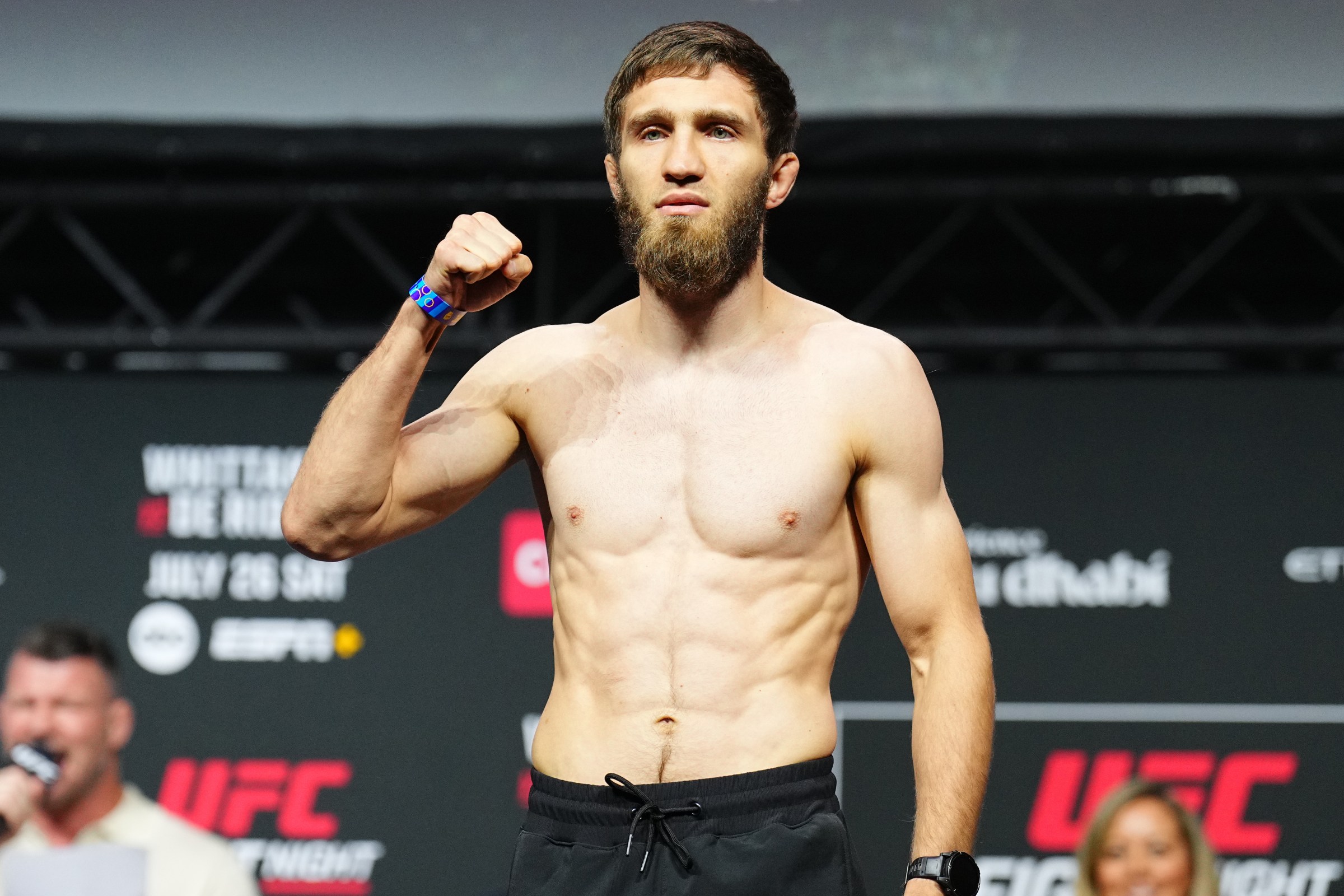 ABU DHABI, UNITED ARAB EMIRATES - JULY 25: Said Nurmagomedov of Russia poses on the scale during the UFC Fight Night ceremonial weigh-in at Etihad Arena on July 25, 2025 in Abu Dhabi, United Arab Emirates. (Photo by Chris Unger/Zuffa LLC)