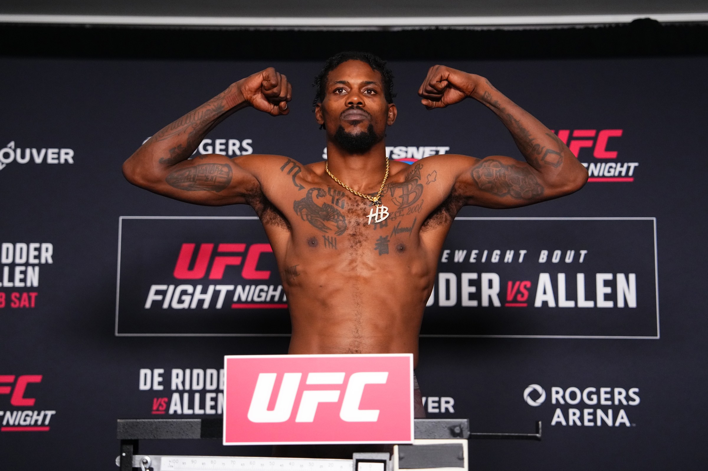 VANCOUVER, BRITISH COLUMBIA - OCTOBER 17: Kevin Holland poses on the scale during the UFC Fight Night official weigh-ins at Hyatt Regency Vancouver on October 17, 2025 in Vancouver, British Columbia. (Photo by Jeff Bottari/Zuffa LLC)