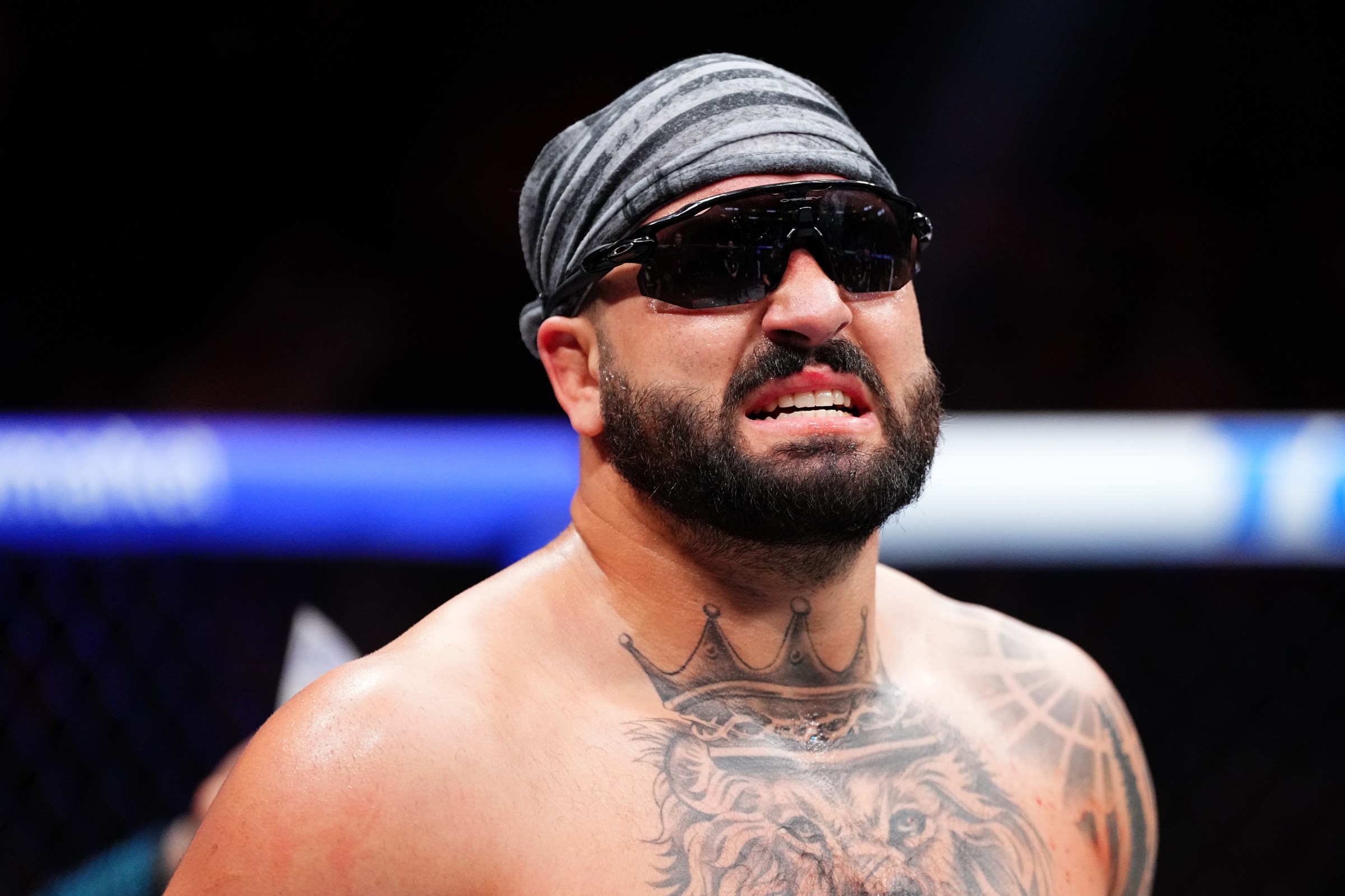 LAS VEGAS, NEVADA - JANUARY 24: Josh Hokit reacts to his win in a heavyweight bout during the UFC 324 event at T-Mobile Arena on January 24, 2026 in Las Vegas, Nevada. (Photo by Jeff Bottari/Zuffa LLC)
