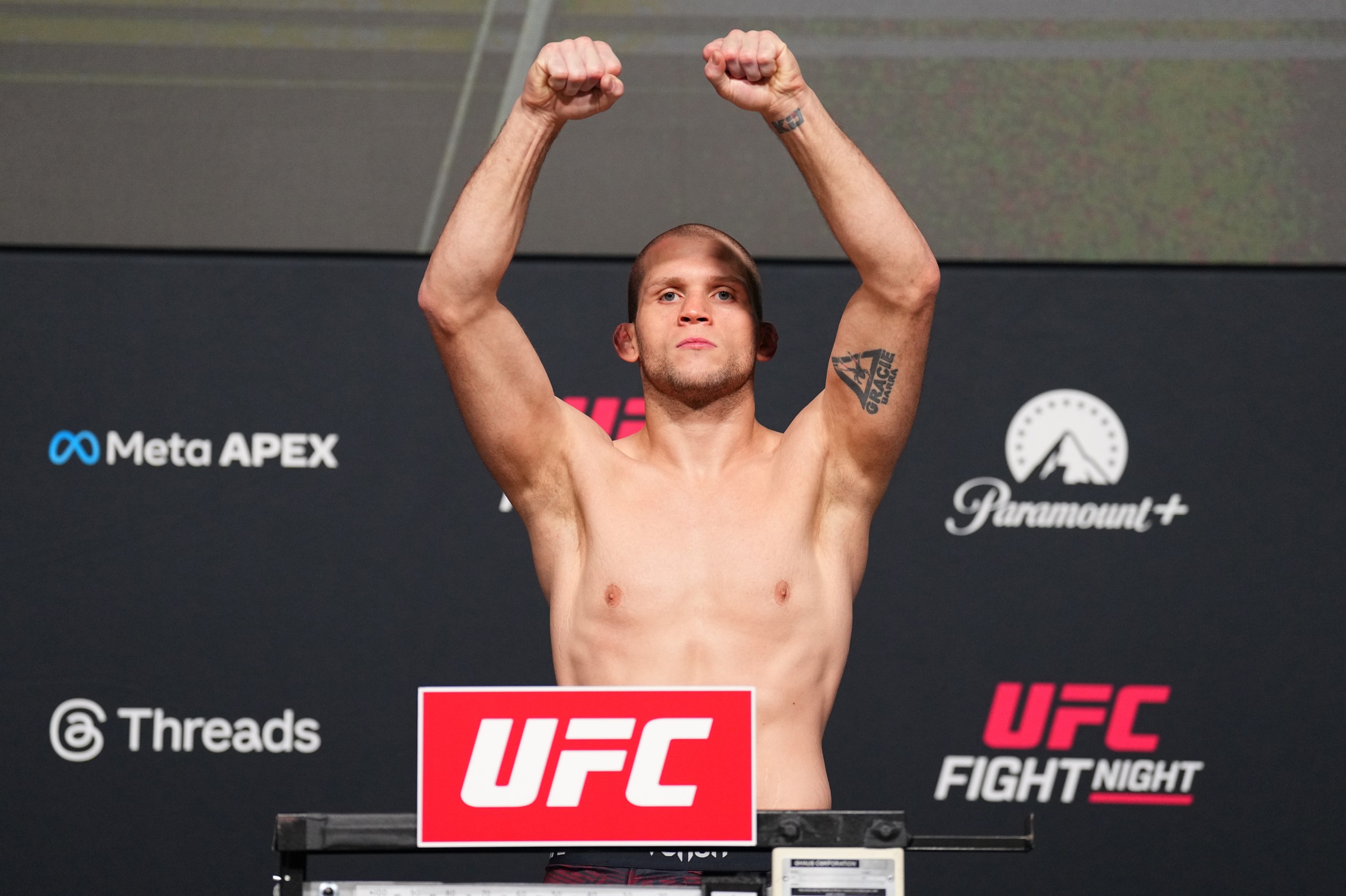 LAS VEGAS, NEVADA - FEBRUARY 06: Alex Morono poses on the scale during the UFC Fight Night weigh-in at Meta APEX on February 06, 2026 in Las Vegas, Nevada. (Photo by Chris Unger/Zuffa LLC)