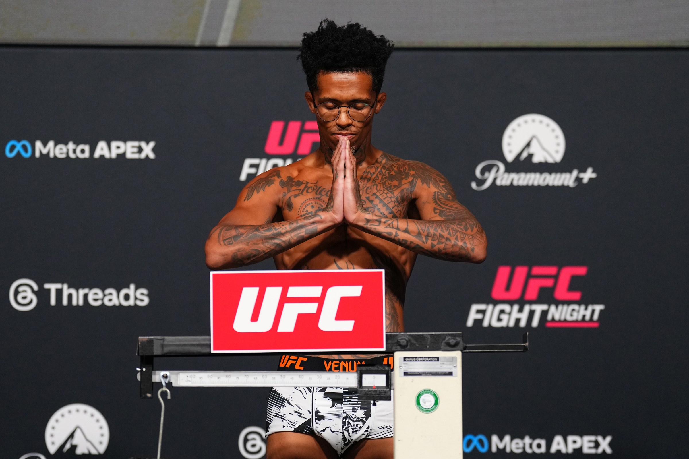 LAS VEGAS, NEVADA - FEBRUARY 06: Vinicius Oliveira of Brazil poses on the scale during the UFC Fight Night weigh-in at Meta APEX on February 06, 2026 in Las Vegas, Nevada. (Photo by Chris Unger/Zuffa LLC)