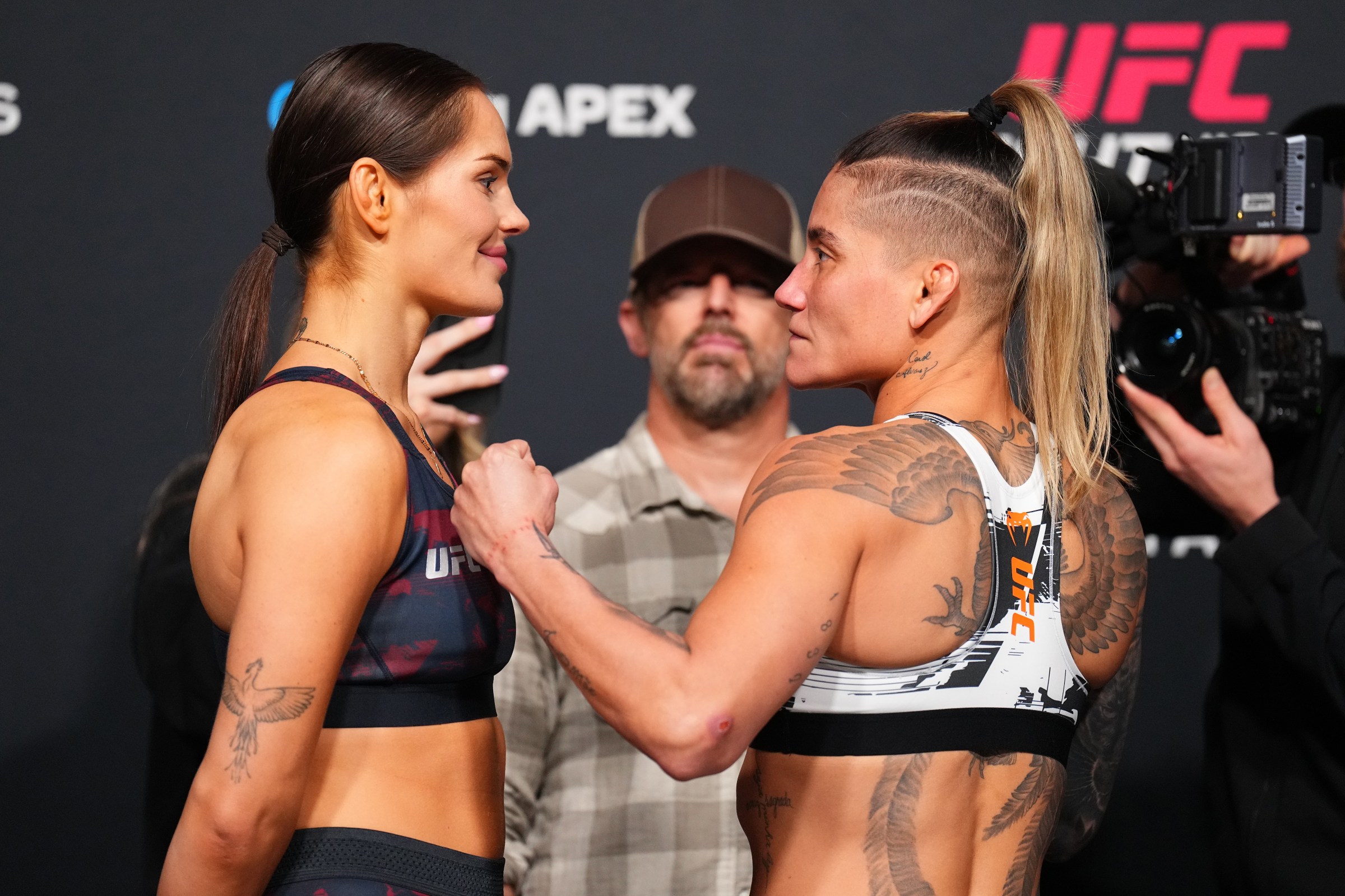LAS VEGAS, NEVADA - FEBRUARY 06: (L-R) Klaudia Sygula of Poland and Priscila Cachoeira of Brazil face off during the UFC Fight Night weigh-in at Meta APEX on February 06, 2026 in Las Vegas, Nevada. (Photo by Chris Unger/Zuffa LLC)