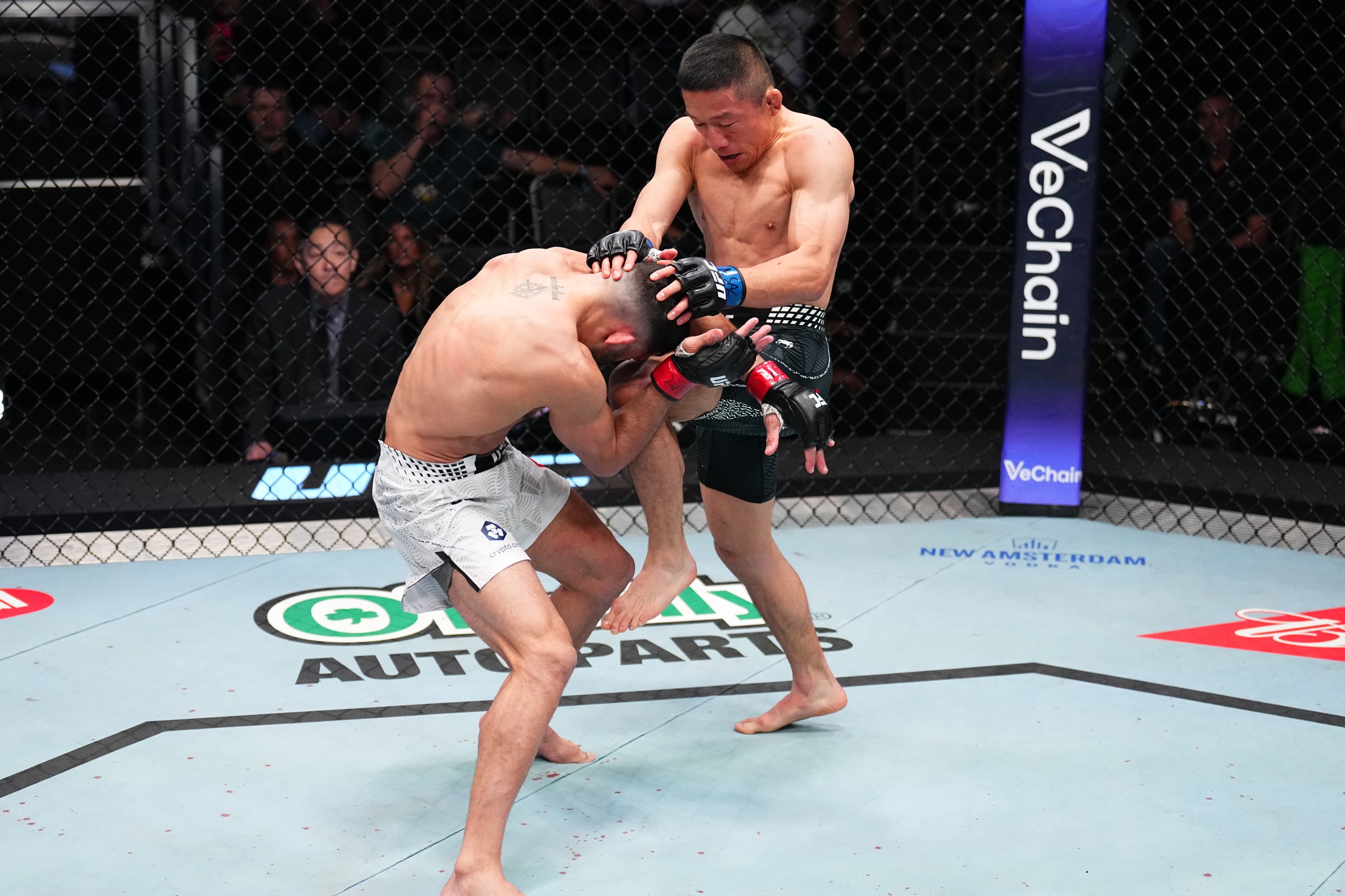 LAS VEGAS, NEVADA - FEBRUARY 07: (R-L) Kyoji Horiguchi of Japan lands a knee to Amir Albazi of Iraq in a flyweight fight during the UFC Fight Night event at Meta APEX on February 07, 2026 in Las Vegas, Nevada. (Photo by Chris Unger/Zuffa LLC)