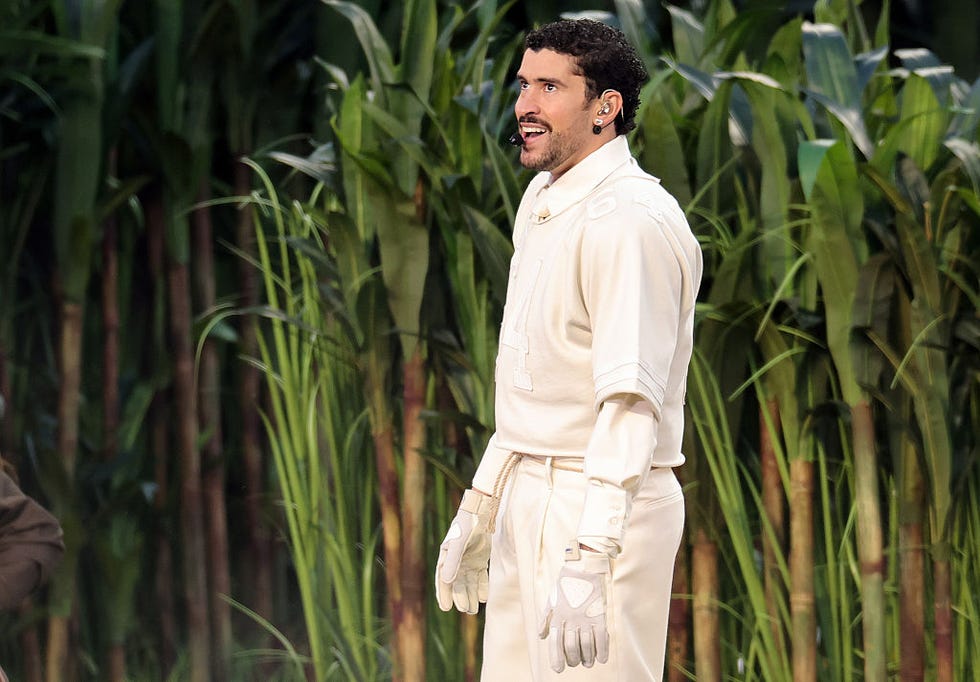 santa clara, california february 08: bad bunny performs onstage during the apple music super bowl lx halftime show at levis stadium on february 08, 2026 in santa clara, california. (photo by neilson barnard/getty images)