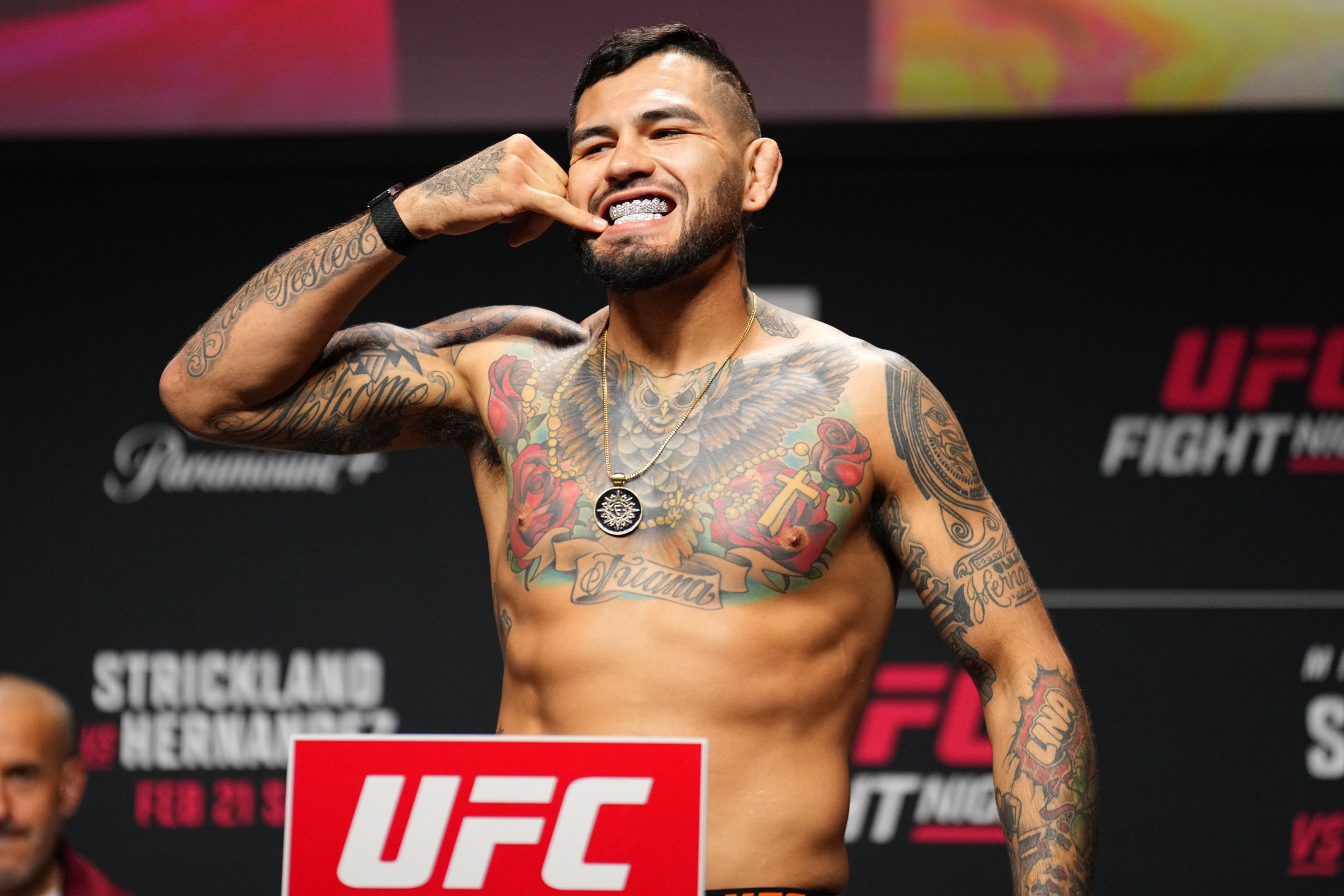 HOUSTON, TEXAS - FEBRUARY 20: Anthony Hernandez poses on the scale during the UFC Fight Night ceremonial weigh-in at Toyota Center on February 20, 2026 in Houston, Texas. (Photo by Chris Unger/Zuffa LLC)