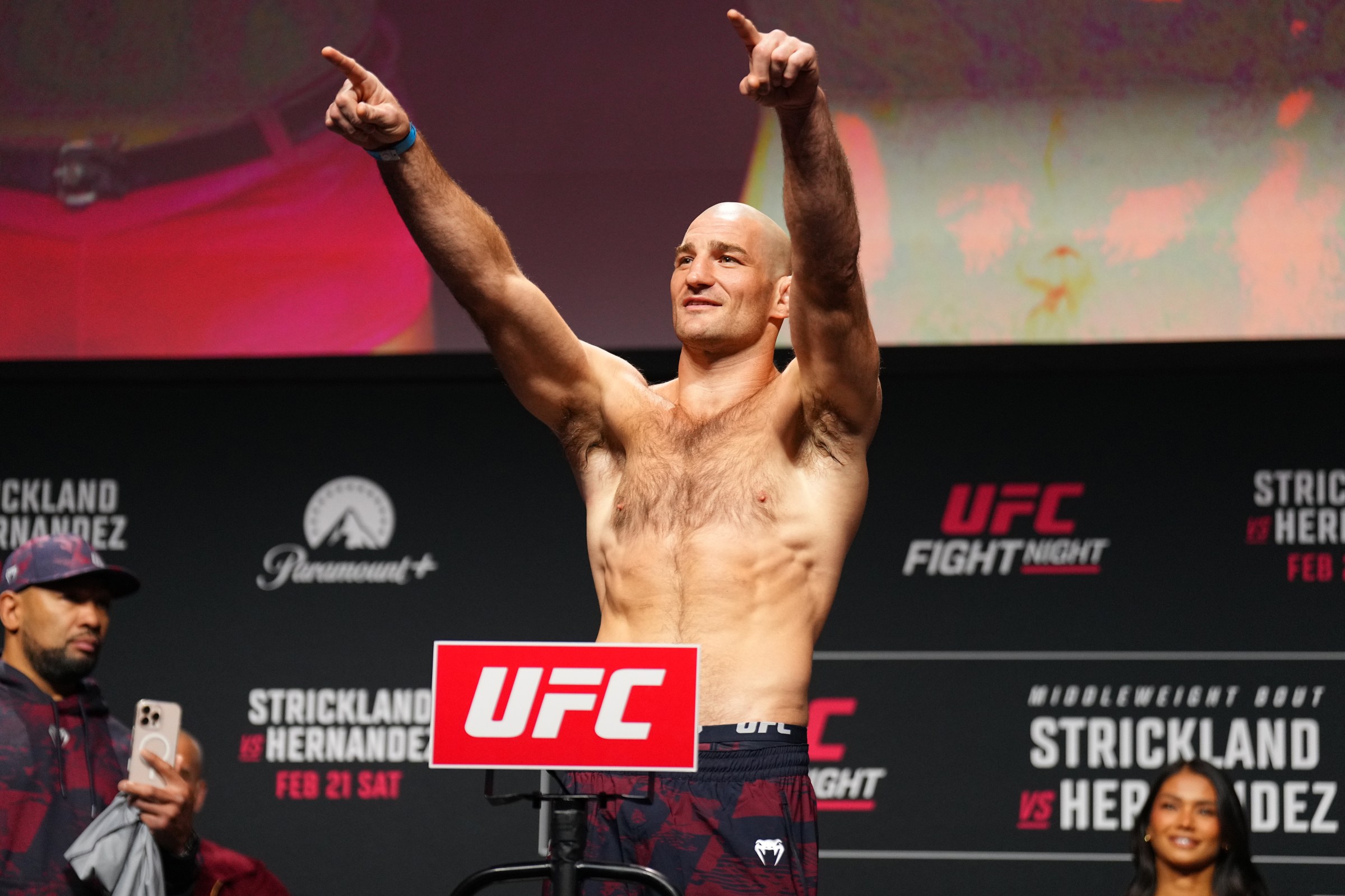 HOUSTON, TEXAS - FEBRUARY 20: Sean Strickland poses on the scale during the UFC Fight Night ceremonial weigh-in at Toyota Center on February 20, 2026 in Houston, Texas. (Photo by Chris Unger/Zuffa LLC)