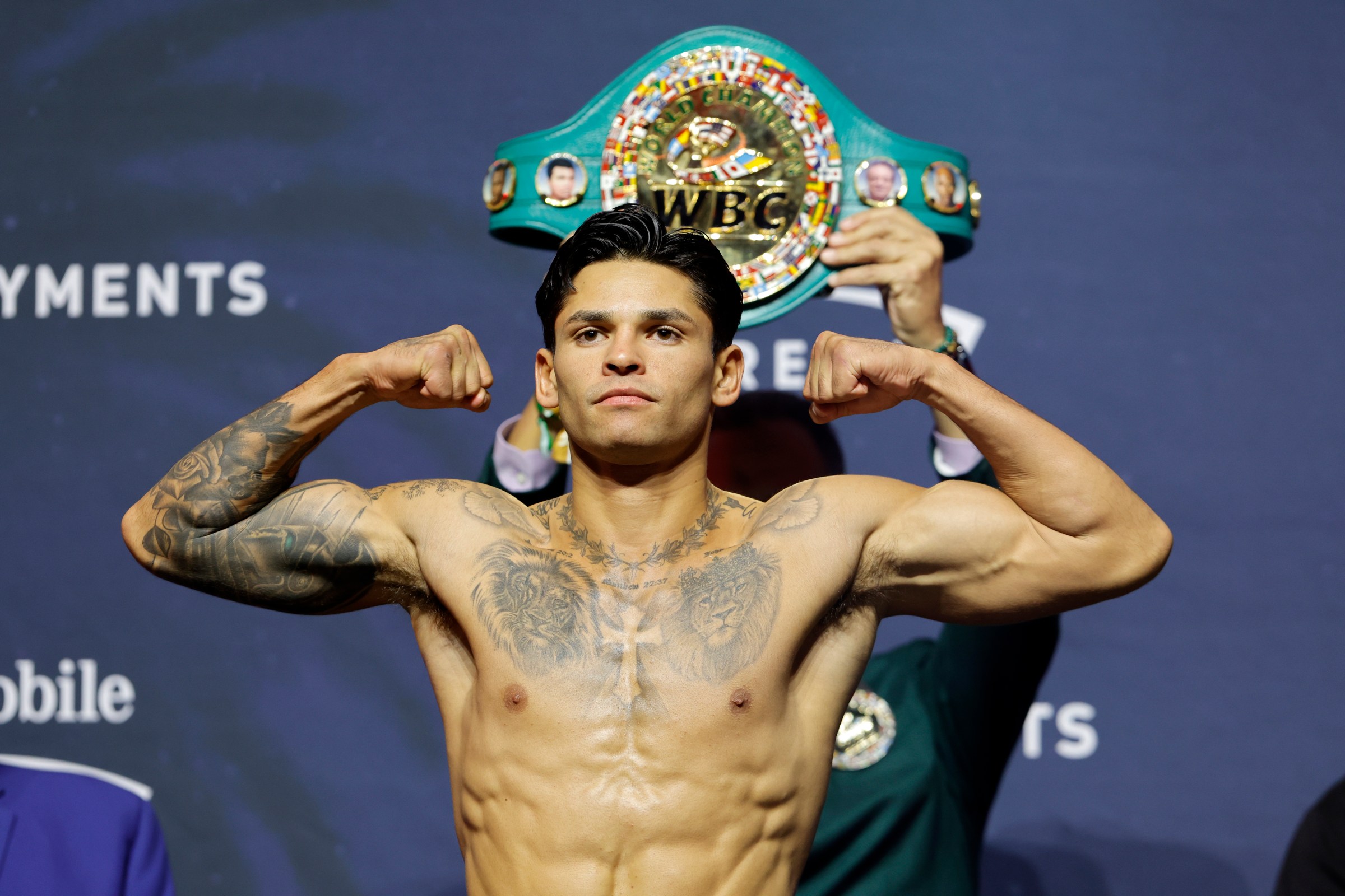 LAS VEGAS, NEVADA - FEBRUARY 20: Welterweight boxer Ryan Garcia poses during the ceremonial weigh-in at T-Mobile Arena on February 20, 2026 in Las Vegas, Nevada. Garcia is scheduled to challenge WBC welterweight champion Mario Barrios for the title on February 21. (Photo by Steve Marcus/Getty Images)