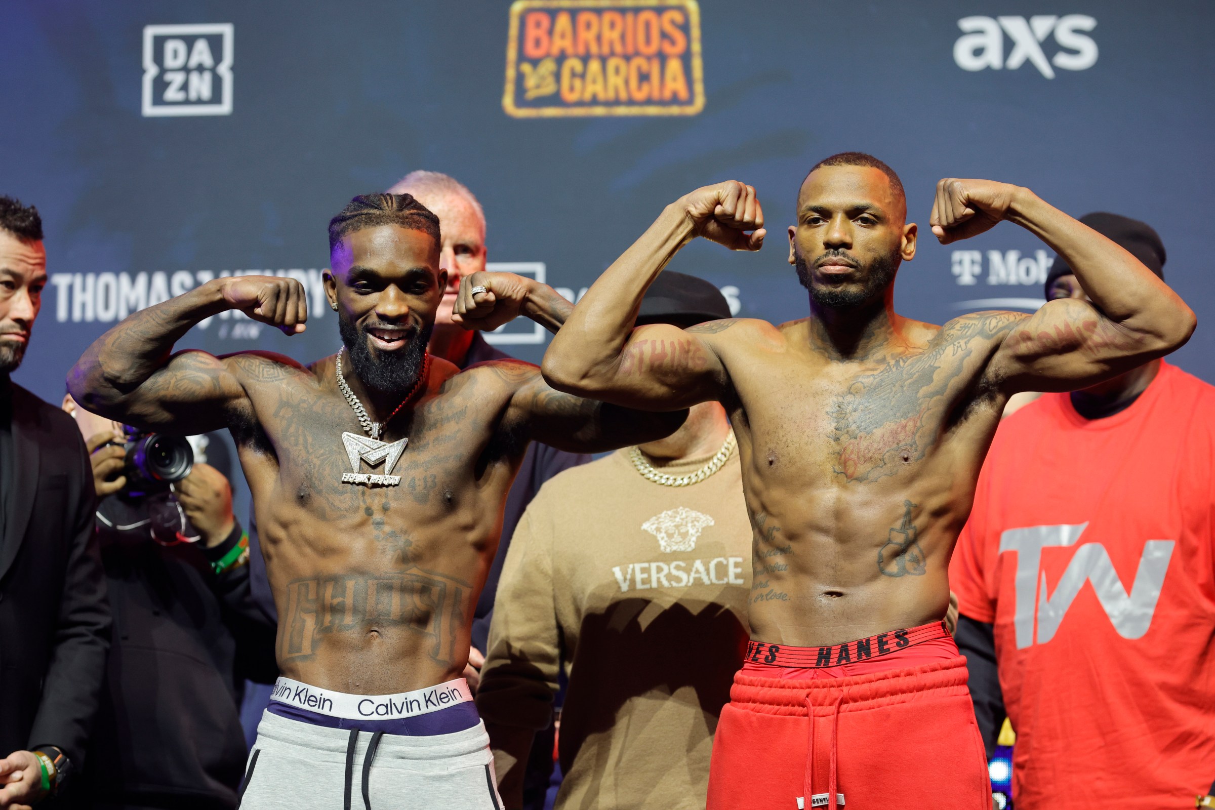 LAS VEGAS, NEVADA - FEBRUARY 20: (L-R) Super lightweight boxers Frank Martin and Nahir Albright pose during the ceremonial weigh-in at T-Mobile Arena on February 20, 2026 in Las Vegas, Nevada. (Photo by Steve Marcus/Getty Images)