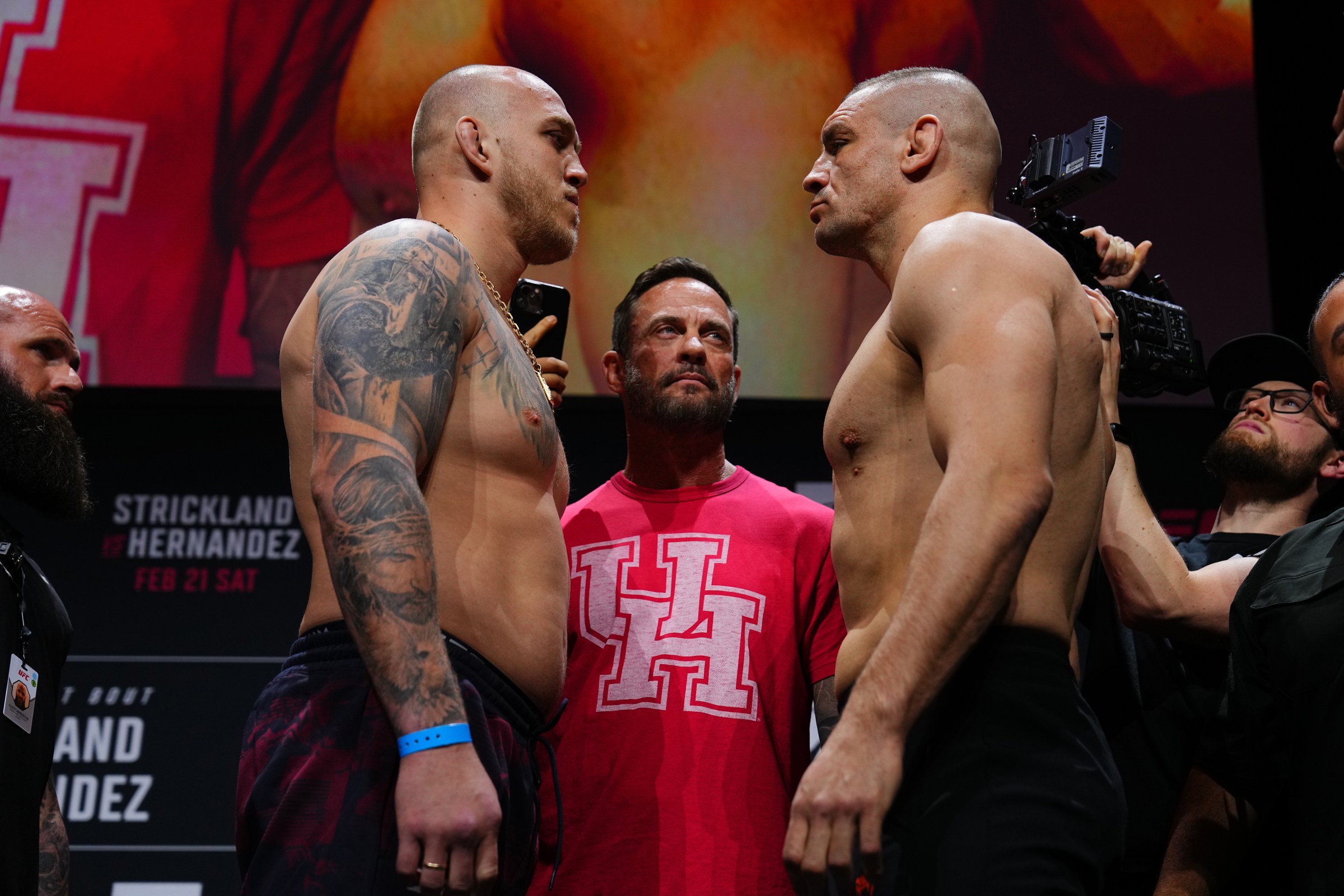 HOUSTON, TEXAS - FEBRUARY 20: (L-R) Serghei Spivac of Moldova and Ante Delija of Croatia face off during the UFC Fight Night ceremonial weigh-in at Toyota Center on February 20, 2026 in Houston, Texas. (Photo by Mike Roach/Zuffa LLC)