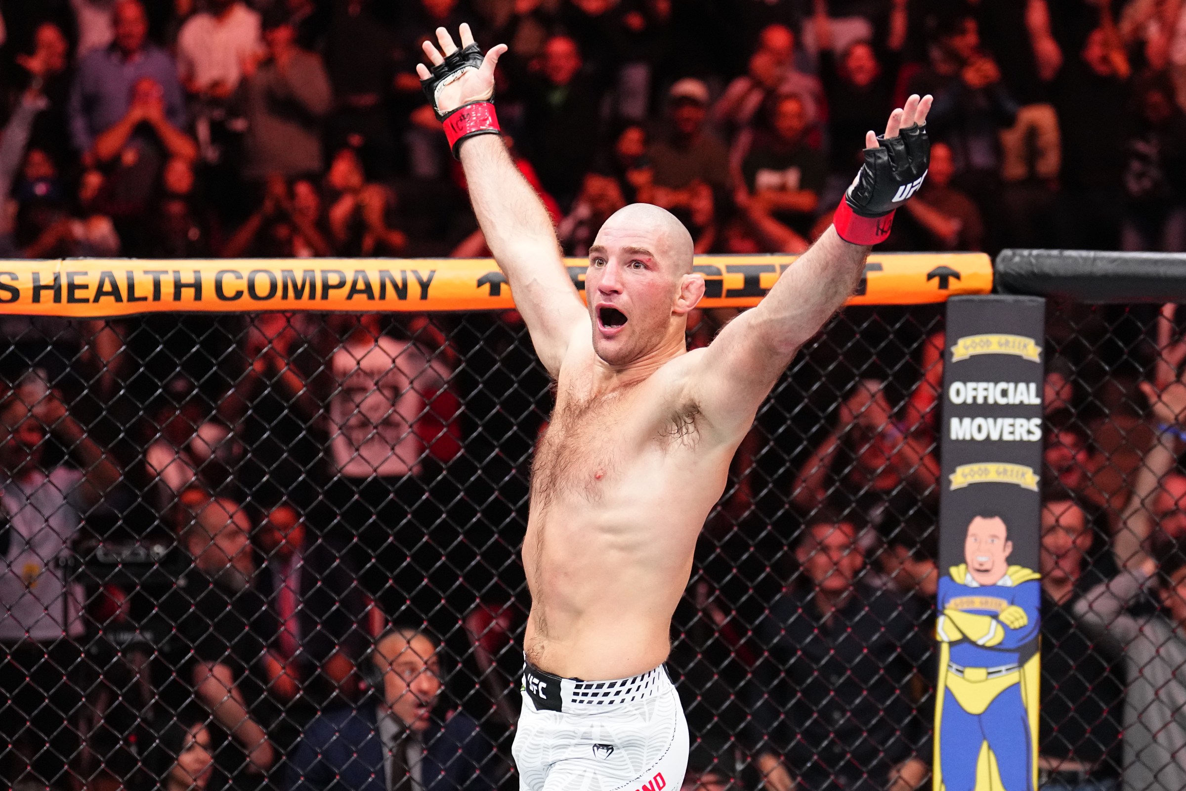 HOUSTON, TEXAS - FEBRUARY 21: Sean Strickland reacts after a TKO victory against Anthony Hernandez in a middleweight fight during the UFC Fight Night event at Toyota Center on February 21, 2026 in Houston, Texas. (Photo by Chris Unger/Zuffa LLC)