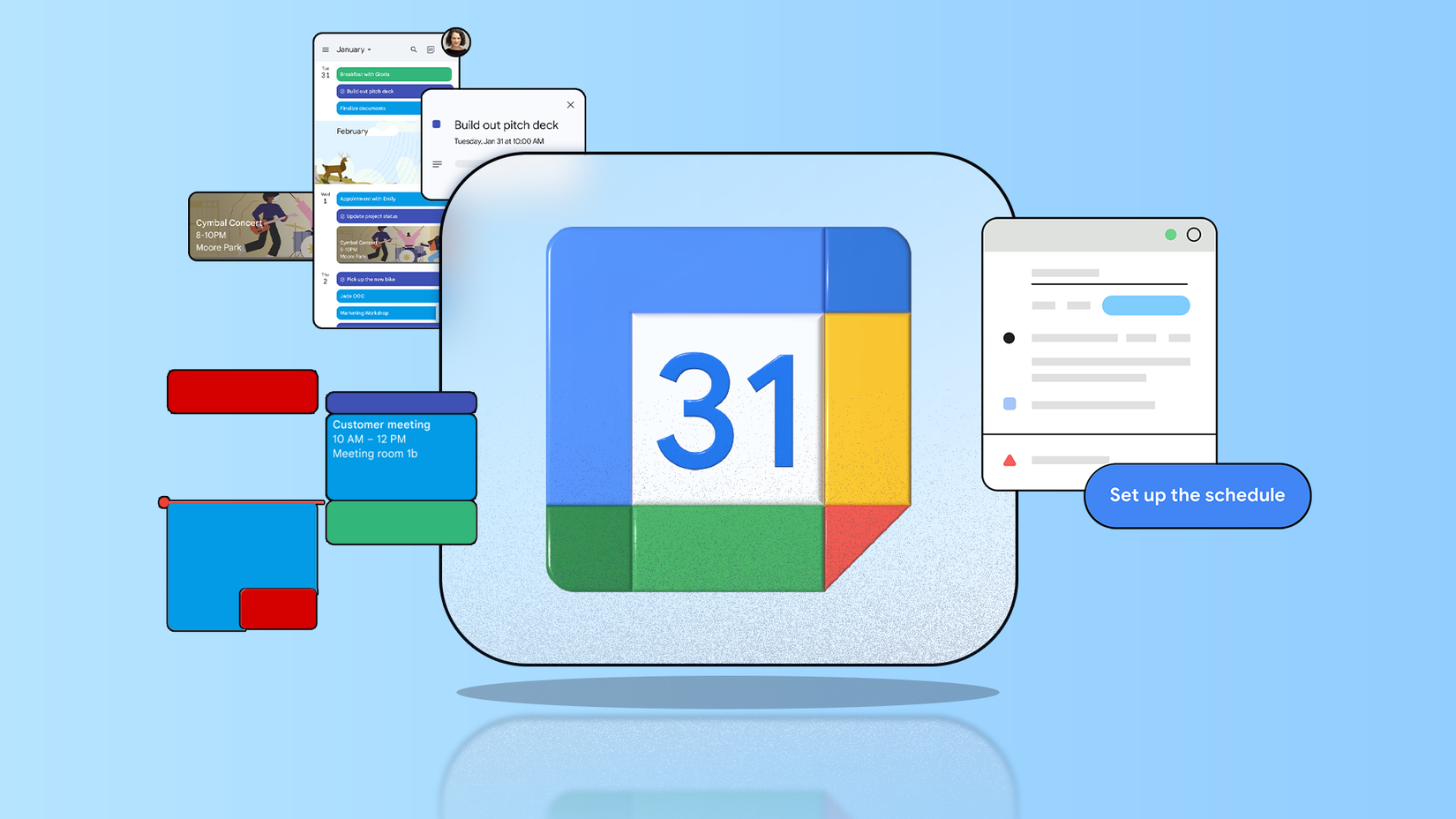 Google Calendar logo surrounded by floating schedule cards
