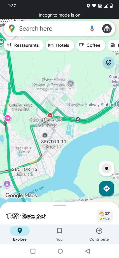 Screenshot shoiwing Incognito mode in Google Maps 