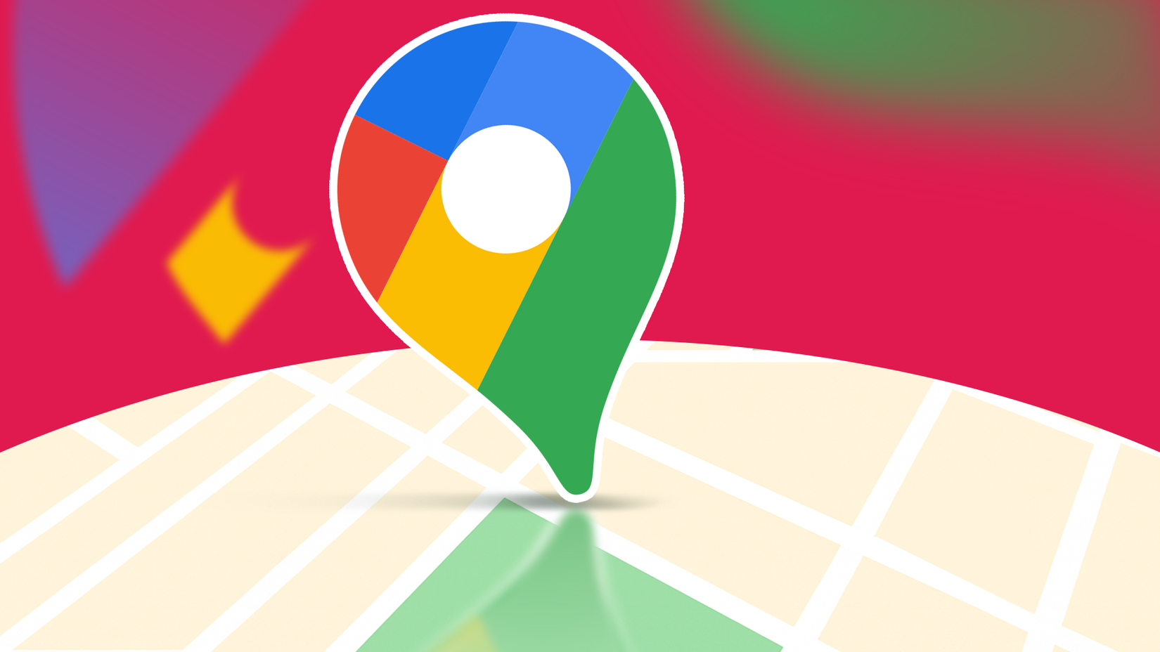 The Google Maps logo placed on top of a map, with abstract colorful shapes behind it