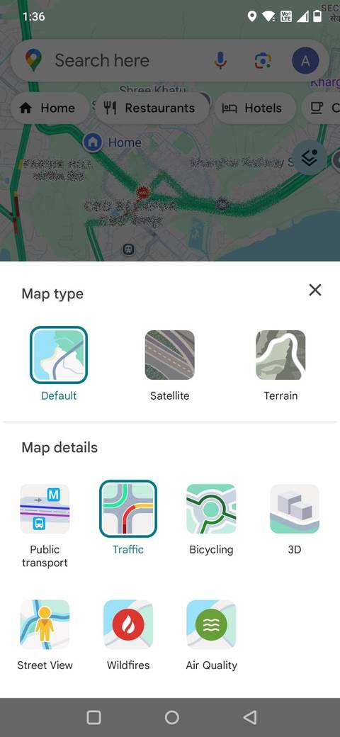 Screenshot highlighting the Traffic layer in Google Maps