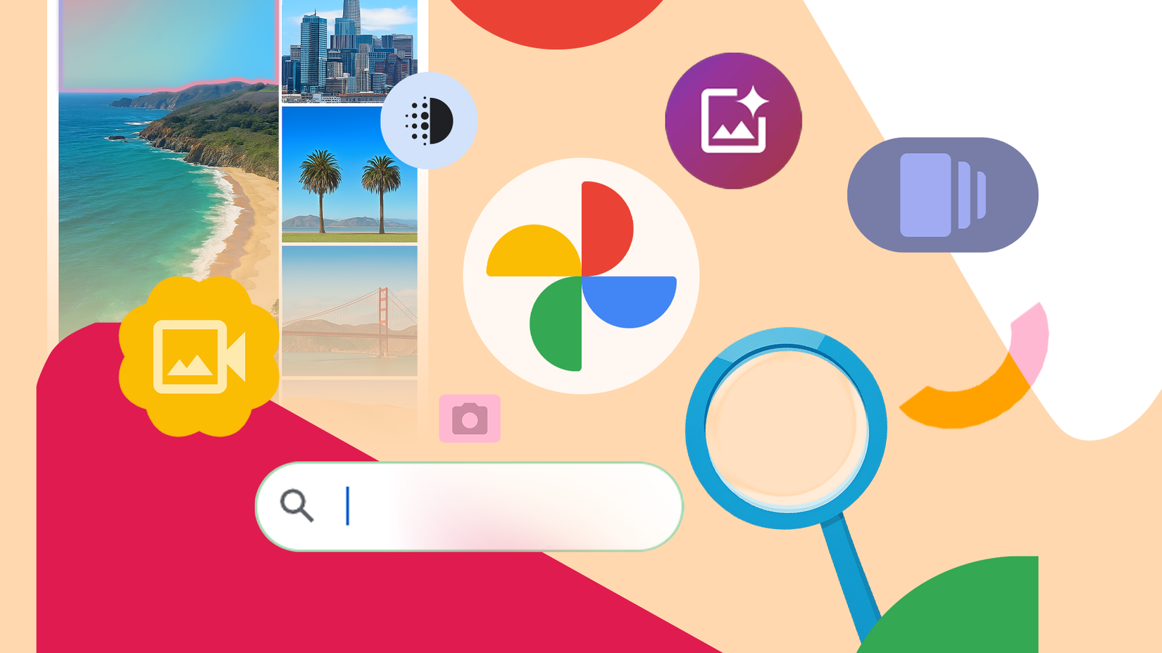 Google Photos logo surrounded by icons representing search, video and magic editing features