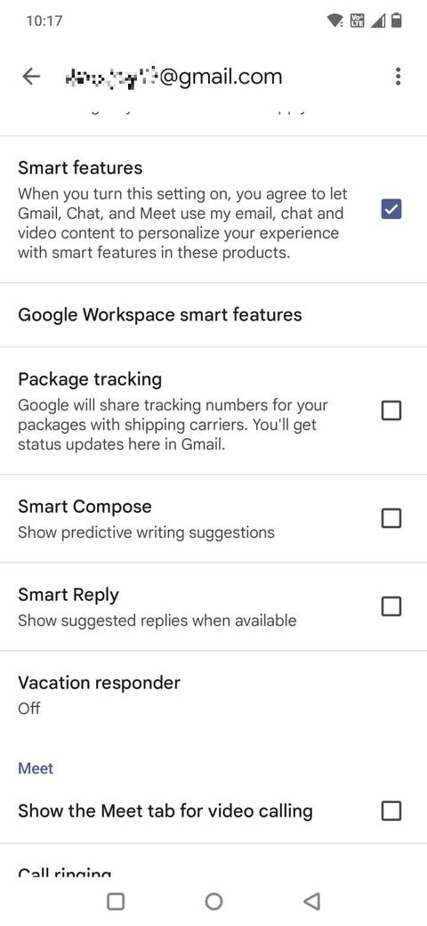 Screenshot showing the Smart features option from Gmail in Google Wallet