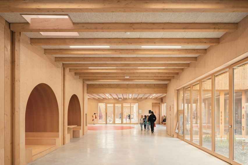 Wood-lined interior of Groupe Scolaire Simone Veil 