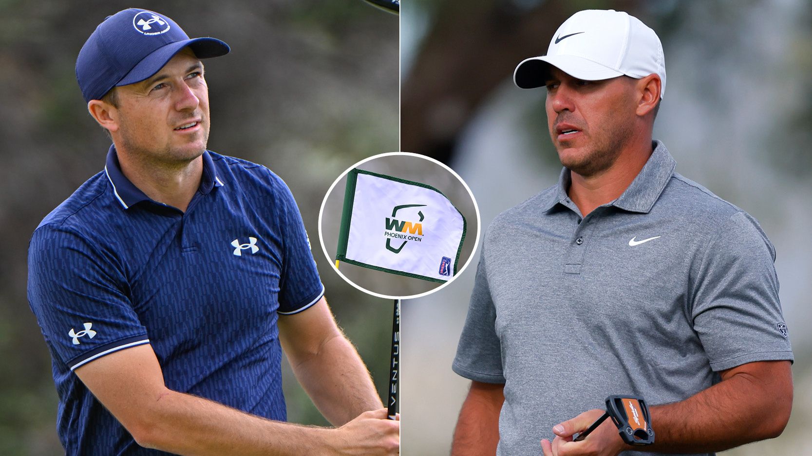 Jordan Spieth watches a tee shot, Brooks Koepka walks off the green and a WM Phoenix Open flag in the middle