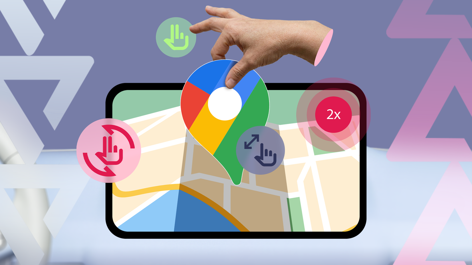 Hand placing a large Google Maps pin on a screen, surrounded by floating icons representing various touch gestures