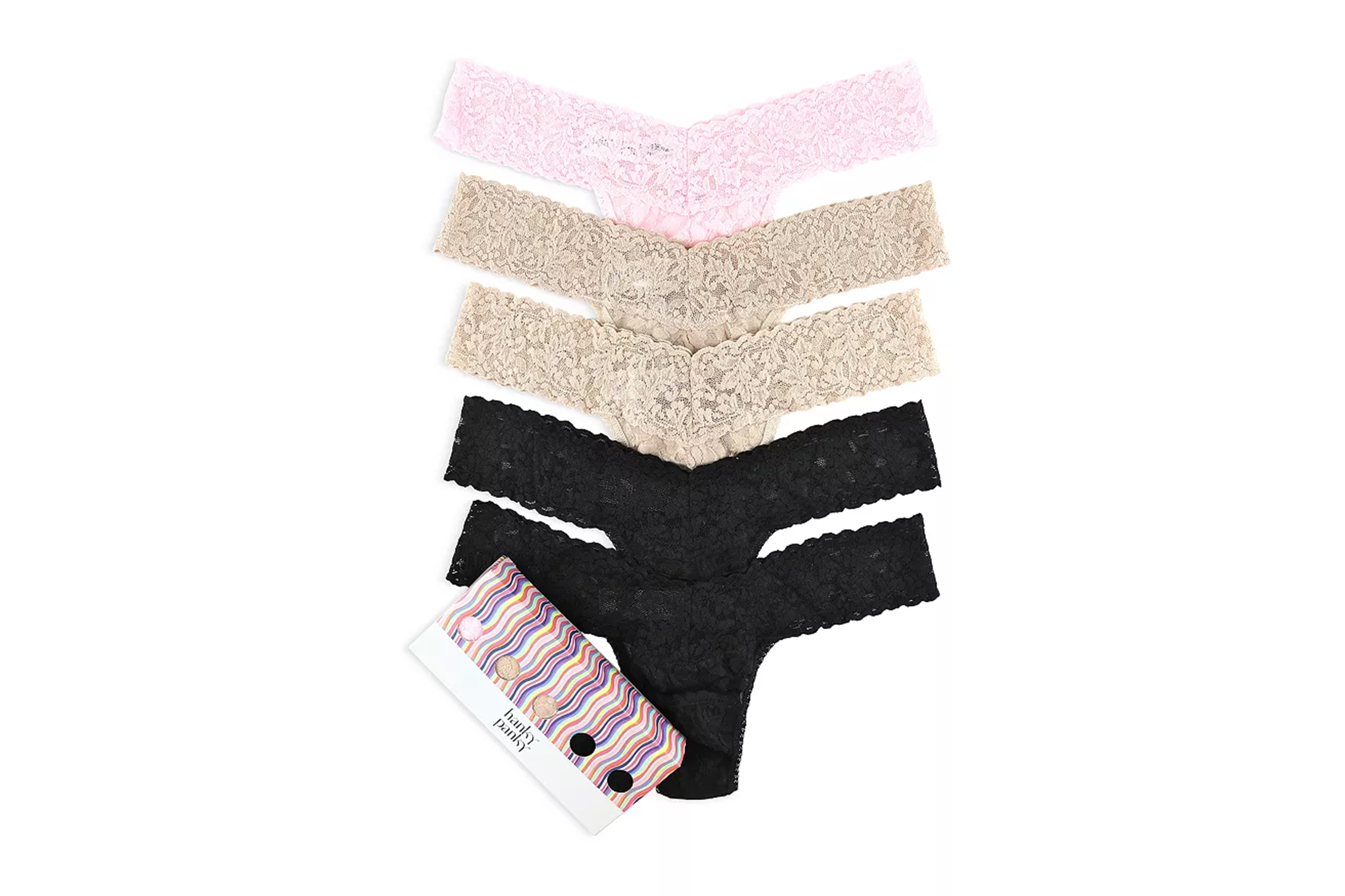 Five lace thongs in pink, beige, and black with a Hanky Panky package.