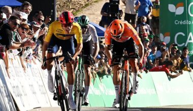 LOULE, PORTUGAL - FEBRUARY 22: (L-R) Juan Ayuso of Spain and Team Lidl - Trek - Yellow leader jersey, Paul Seixas of France and Team Decathlon CMA CGM - White best young jersey and Oscar Onley of Great Britain and Team INEOS Grenadiers sprint at finish line during the 52nd Volta ao Algarve em Bicicleta 2026, Stage 5 a 148.4km stage from Faro to Malhao - Loule 512m on February 22, 2026 in Loule, Portugal. (Photo by Dario Belingheri/Getty Images)