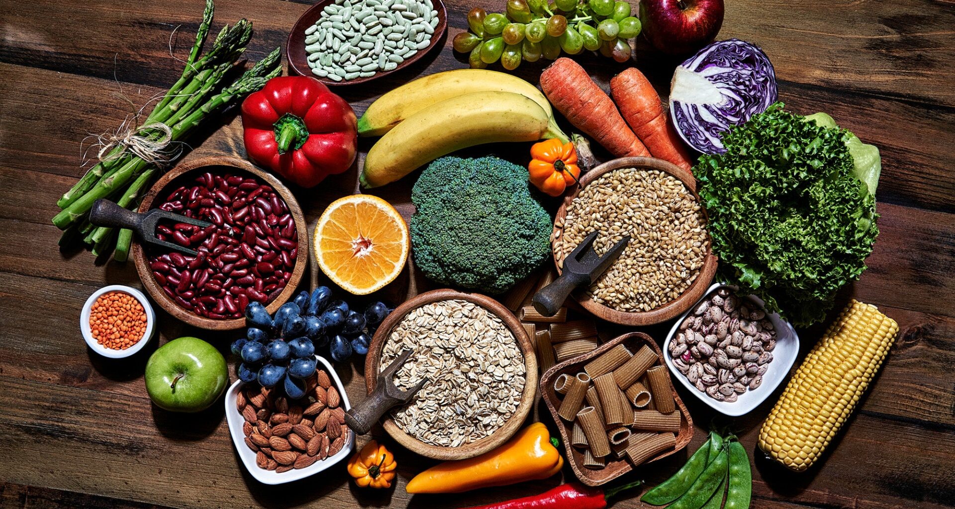 A variety of vegetables, fruits, and whole grain foods