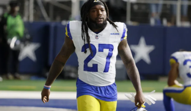 Los Angeles Rams running back Darrell Henderson Jr. (27) walks onto the field during an NFL football game in Arlington, Texas, Sunday, Nov. 29, 2023.