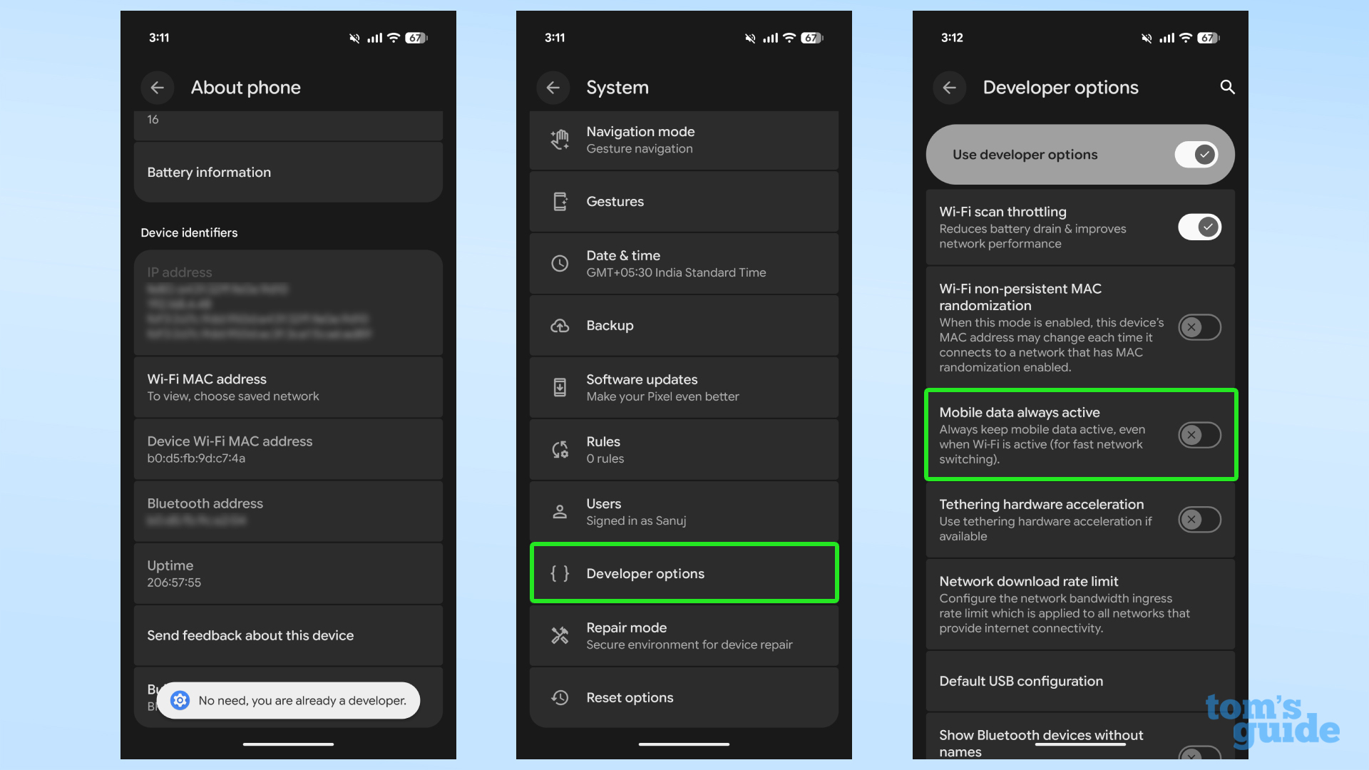 Screenshots showing how to turn always-active mobile data off on a Google Pixel