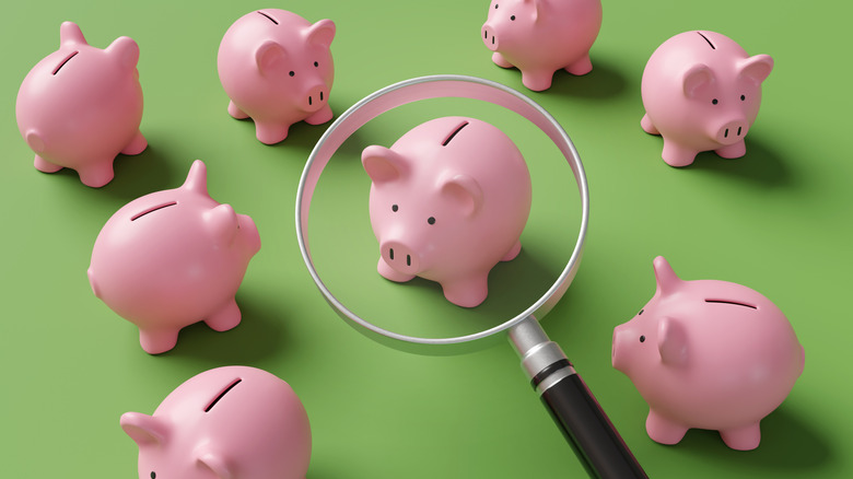 Magnifying glass hovers over one of many piggy banks on a green back ground