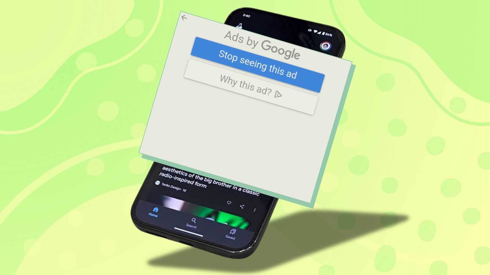 Notification for Ads by Google overlayed on top of Android phone on a yellow and green background