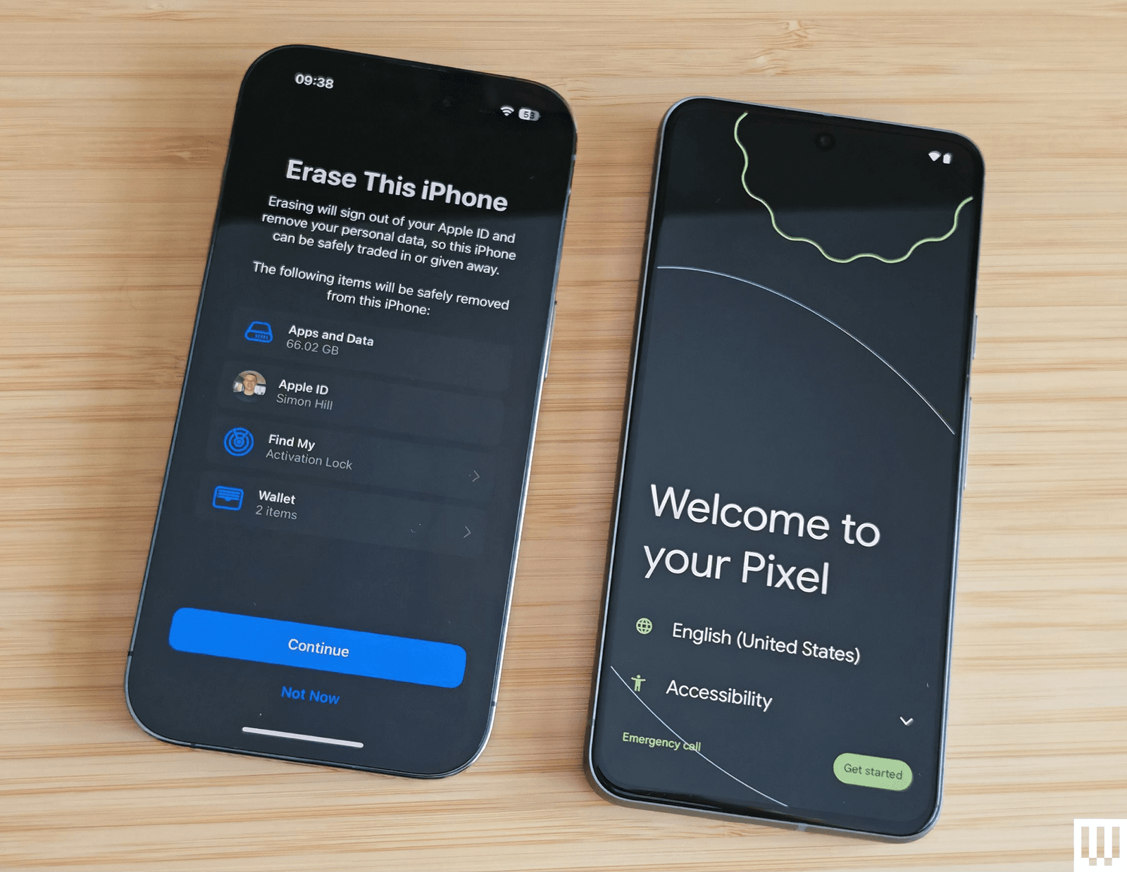 iPhone showing a prompt to delete data beside an Android phone showing a welcome message