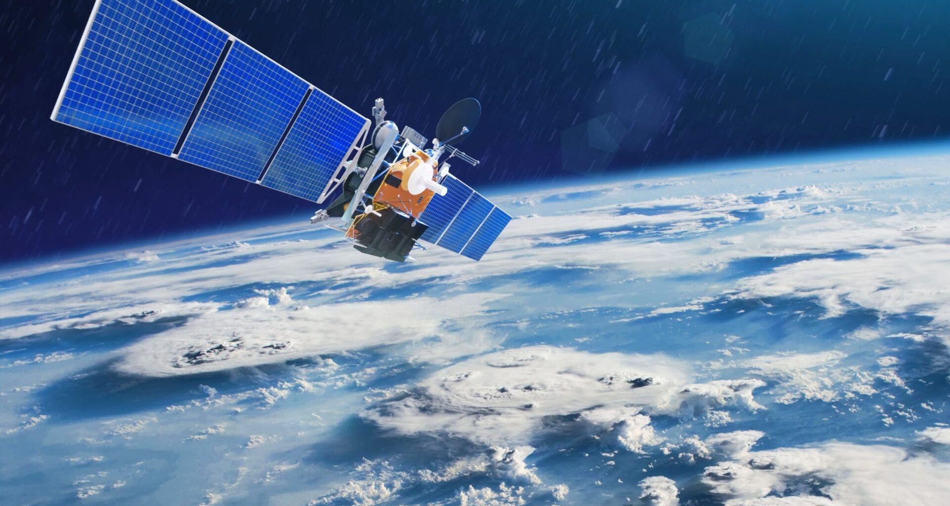 Weather satellite for observing powerful thunderstorms of storms and tornadoes in space orbiting the earth. Elements of this image furnished by NASA