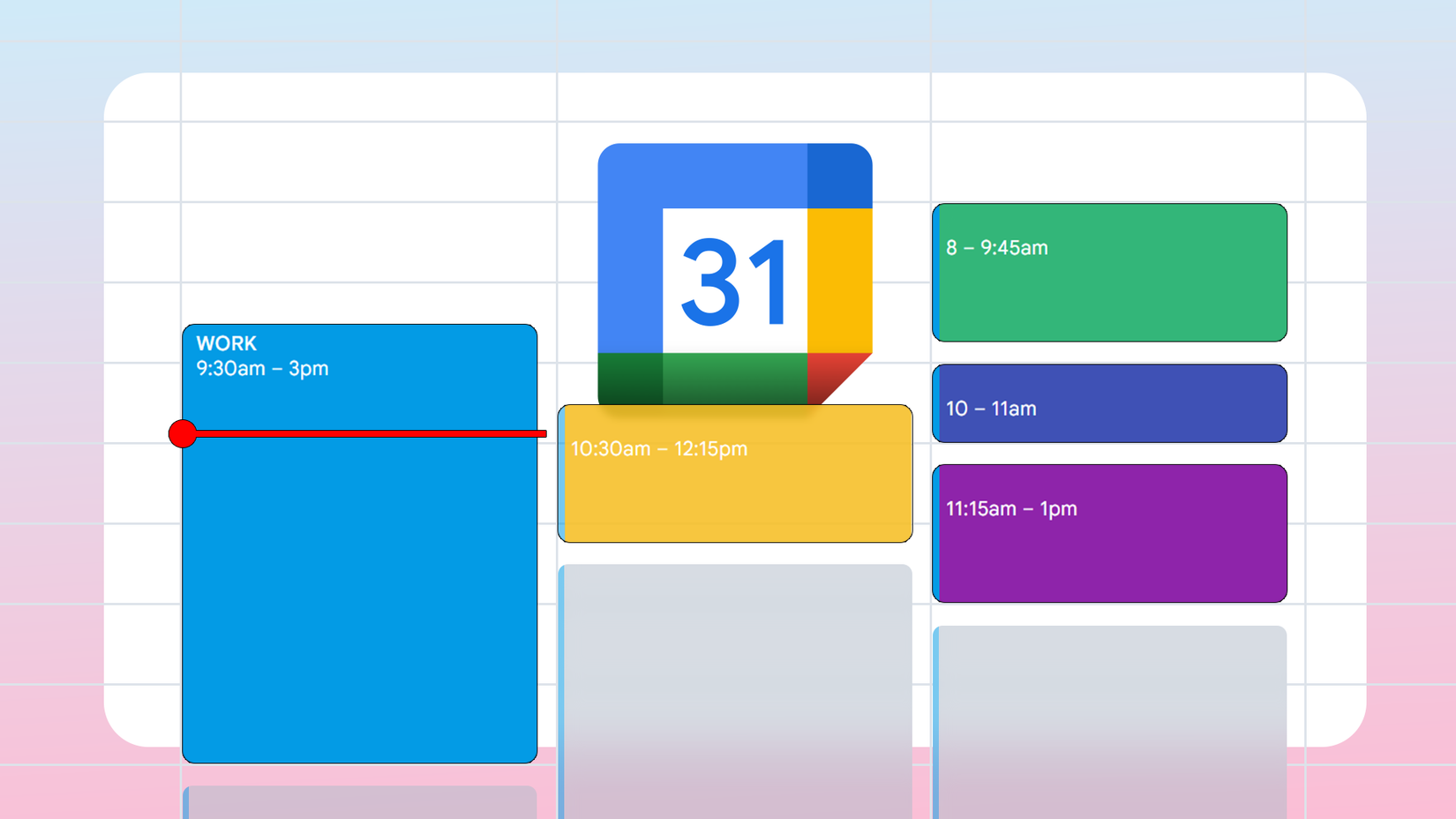 Illustration of a Google Calendar schedule grid featuring colorful time blocks and the app logo.