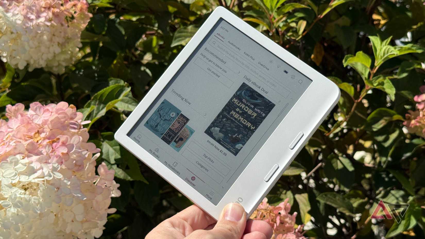 Kobo Libra Colour held up against flowers