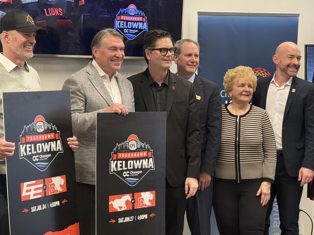 Left to right: Dr. Neil Fassina, Okanagan College president, Kelowna Mayor Tom Dyas, BC Lions president Duane Vienneau, city councillors, Gord Lovegrove, Maxine DeHart and Loyal Wooldridge.