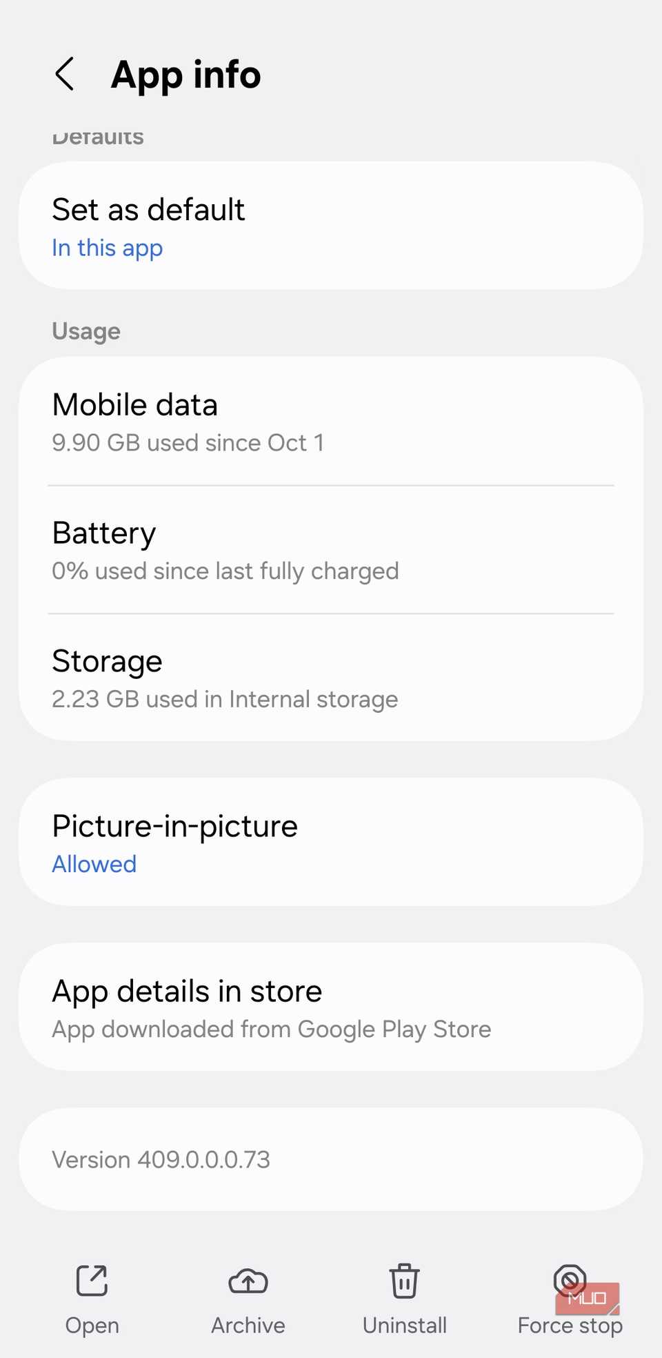 Instagram app info on Android