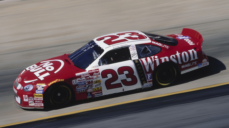 Jimmy Spencer from the United States driving the #23 Winston No Bull Haas-Carter Motorsports Ford Taurus during practice for the 1999 NASCAR Winston Cup Series Food City 500 race on 10th April 1999 at the Bristol Motor Speedway, Bristol, Tennessee, United States.