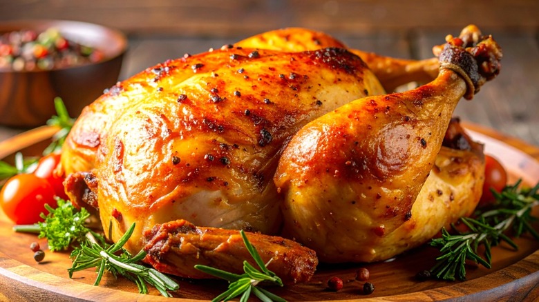 Roasted chicken on wooden plate with herbs and tomatoes