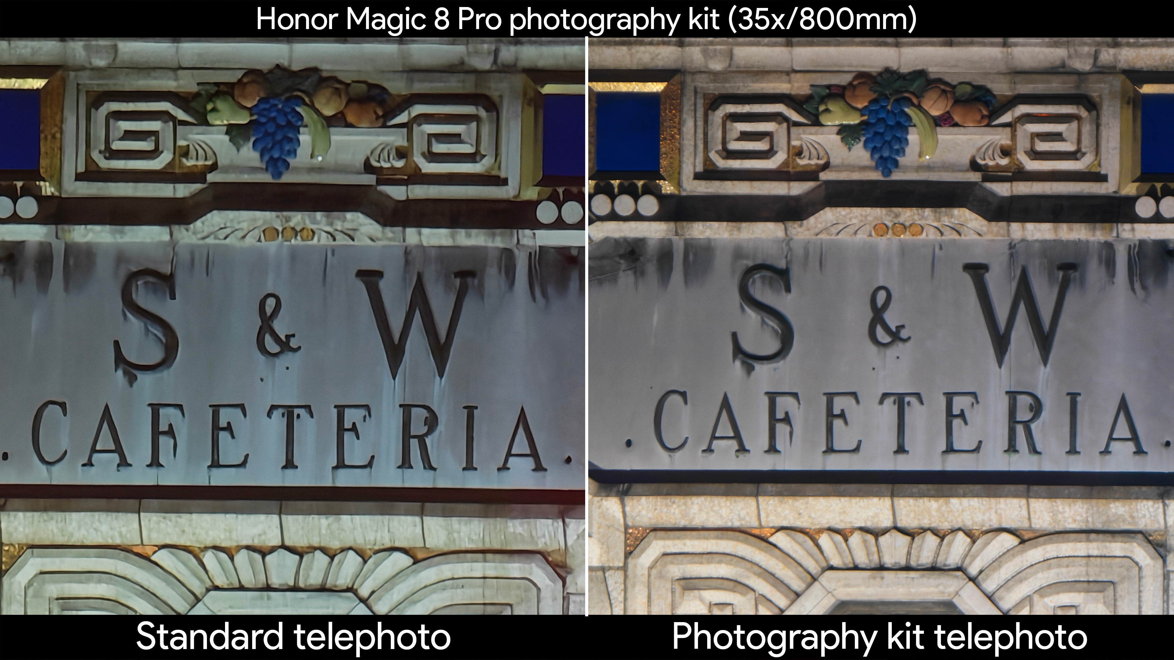 Low light shots comparing the Honor Magic 8 Pro's built-in telephoto lens with the official photography kit's telephoto extender