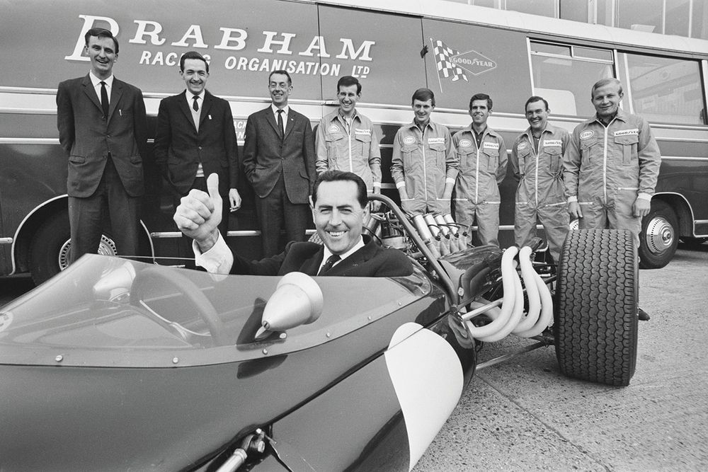 Brabham with Phil Kerr, John Judd, Ron Tauranac, Cary Taylor, Hywel Absalom, John Muller, Roy Billington and Bob Ilich