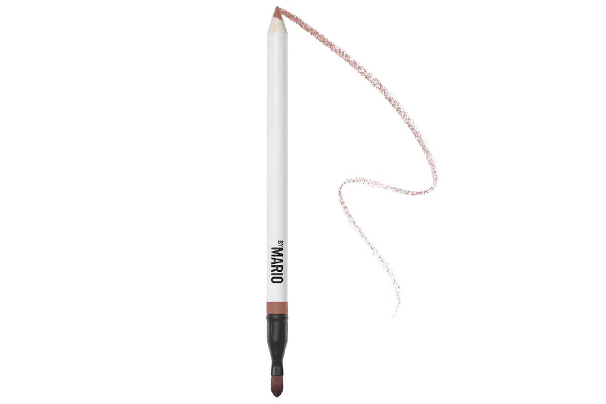 Lip liner in a neutral nude shade with a brush on the end, leaving a curved swatch on a white background.