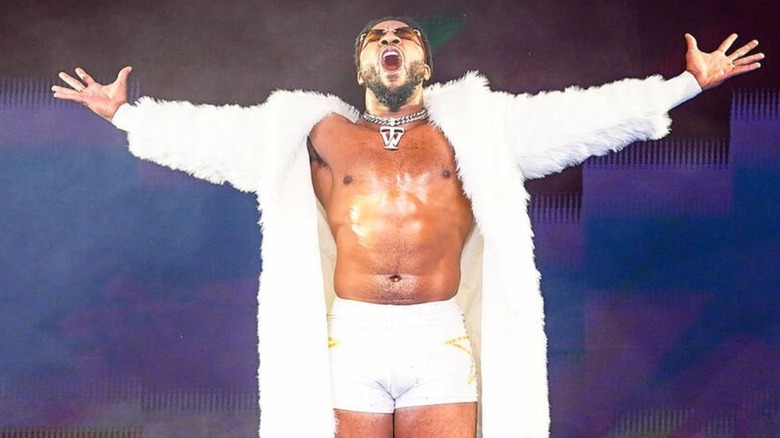 Trick Williams poses on the stage as he makes his entrance ahead of a match during Saturday Night's Main Event.